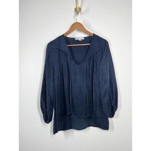 Young Fabulous Broke Navy Cupro Peasant Top Medium M Satin Balloon Sleeves
